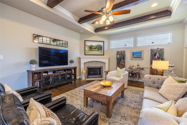 4207 Pearl Crescent Ln, Arlington, TX 76005 - living area with ceiling fan, wood finished floors, beam ceiling, a fireplace with flush hearth, and ornamental molding