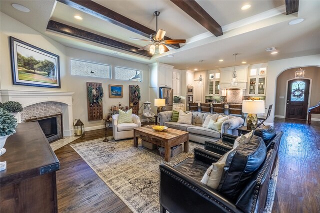 4207 Pearl Crescent Ln, Arlington, TX 76005 - living area featuring a ceiling fan, baseboards, dark wood finished floors, beamed ceiling, and recessed lighting