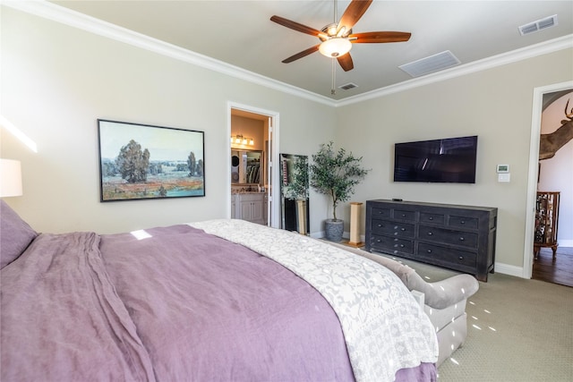 4207 Pearl Crescent Ln, Arlington, TX 76005 - carpeted bedroom featuring ornamental molding, baseboards, a ceiling fan, and connected bathroom
