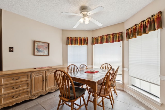 6419 Shadow Ln, Dallas, TX 75236 - dining room with light tile patterned floors, a textured ceiling, and ceiling fan