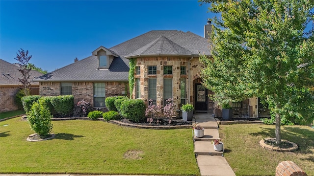 301 Shepherd Ln, Royse City, TX 75189 - french country style house with a front yard, a chimney, brick siding, and roof with shingles