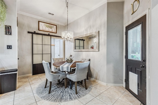 301 Shepherd Ln, Royse City, TX 75189 - dining space featuring a barn door, tile patterned floors, a chandelier, crown molding, and baseboards