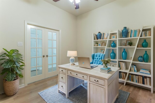 1716 Lake Way Dr, Little Elm, TX 75068 - office featuring light wood-type flooring, a ceiling fan, and french doors