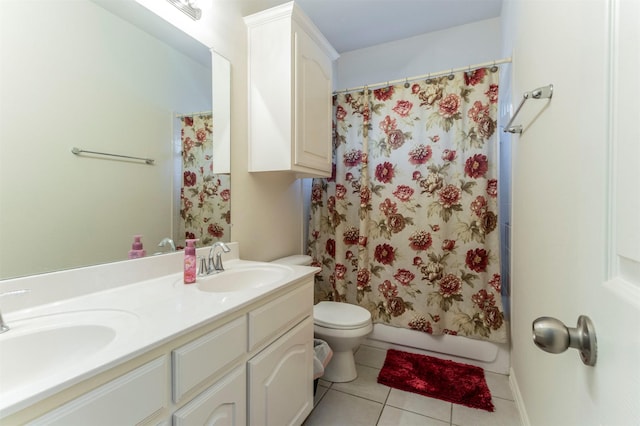 1716 Lake Way Dr, Little Elm, TX 75068 - full bath with tile patterned floors, toilet, double vanity, and shower / bathtub combination with curtain