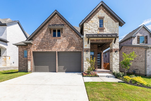 3510 Riley St, Fate, TX 75087 - french country home featuring stone siding, concrete driveway, brick siding, and an attached garage