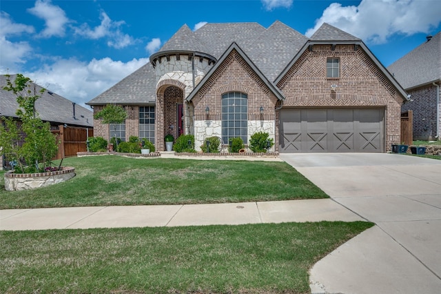 5912 Trail Marker Ct, Fort Worth, TX 76123 - french provincial home featuring brick siding, concrete driveway, stone siding, and a garage
