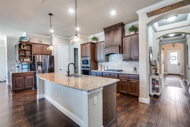 5912 Trail Marker Ct, Fort Worth, TX 76123 - kitchen featuring a sink, appliances with stainless steel finishes, open shelves, dark wood finished floors, and ornamental molding