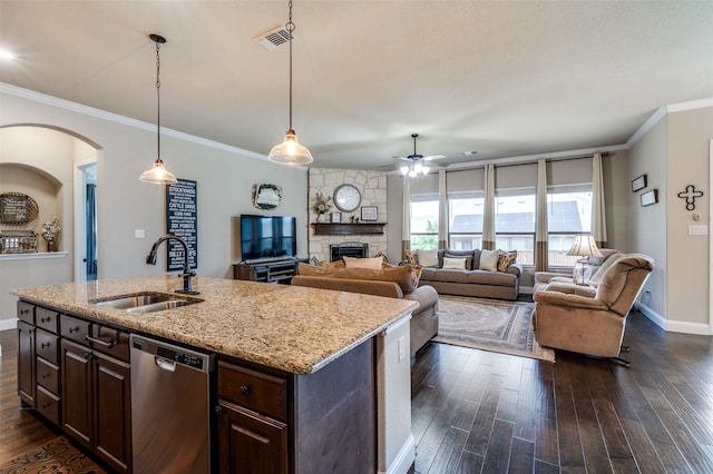5912 Trail Marker Ct, Fort Worth, TX 76123 - kitchen with a sink, stainless steel dishwasher, ceiling fan, dark wood-style floors, and crown molding