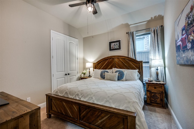5912 Trail Marker Ct, Fort Worth, TX 76123 - carpeted bedroom featuring a closet, baseboards, a ceiling fan, and vaulted ceiling