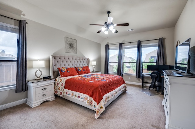 5912 Trail Marker Ct, Fort Worth, TX 76123 - bedroom featuring light colored carpet, baseboards, an office area, lofted ceiling, and ceiling fan