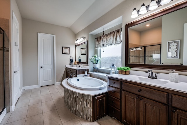 5912 Trail Marker Ct, Fort Worth, TX 76123 - full bathroom featuring a shower stall, a bath, tile patterned flooring, and baseboards