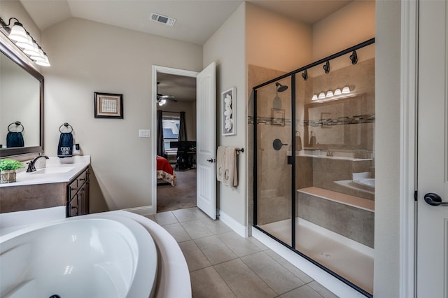5912 Trail Marker Ct, Fort Worth, TX 76123 - full bathroom with a shower stall, ensuite bath, tile patterned floors, a bath, and vanity