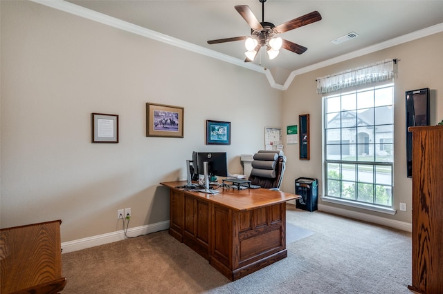 5912 Trail Marker Ct, Fort Worth, TX 76123 - office area featuring light carpet, baseboards, a ceiling fan, and ornamental molding