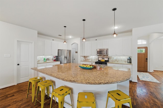 111 Blue Stem Ln, Aledo, TX 76008 - kitchen with appliances with stainless steel finishes, arched walkways, a breakfast bar, a large island, and tasteful backsplash