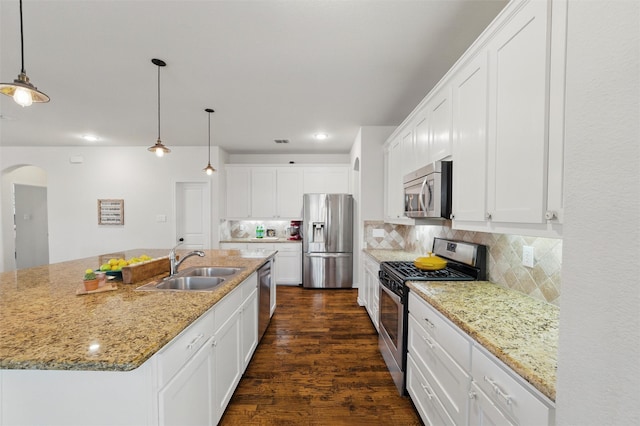 111 Blue Stem Ln, Aledo, TX 76008 - kitchen featuring stainless steel appliances, a sink, arched walkways, dark wood-type flooring, and decorative backsplash