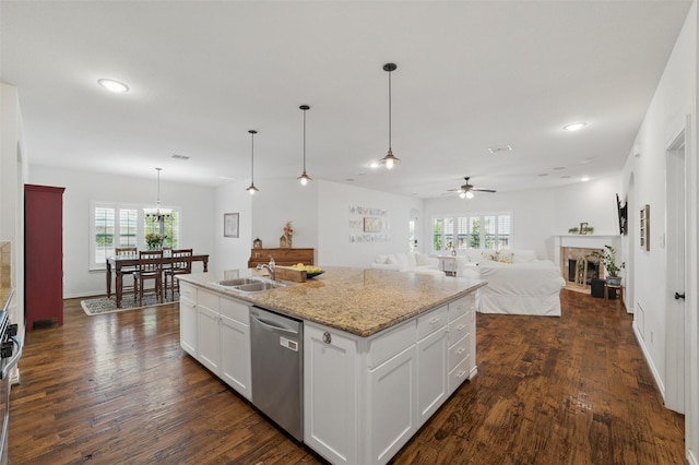 111 Blue Stem Ln, Aledo, TX 76008 - kitchen featuring stainless steel dishwasher, a sink, dark wood finished floors, white cabinetry, and recessed lighting