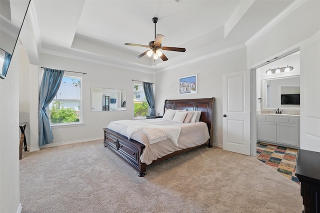 111 Blue Stem Ln, Aledo, TX 76008 - bedroom with a tray ceiling, light colored carpet, ensuite bathroom, ornamental molding, and baseboards