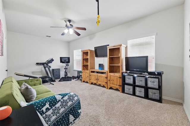 111 Blue Stem Ln, Aledo, TX 76008 - living area featuring carpet floors, a ceiling fan, plenty of natural light, and baseboards