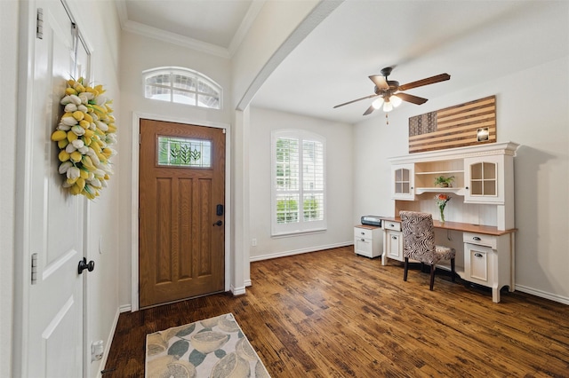 111 Blue Stem Ln, Aledo, TX 76008 - entryway featuring ceiling fan, crown molding, dark wood-style flooring, baseboards, and arched walkways