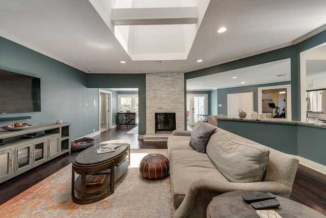 9178 Glen Springs Dr, Dallas, TX 75243 - living area with a tray ceiling, dark wood-style floors, crown molding, baseboards, and recessed lighting