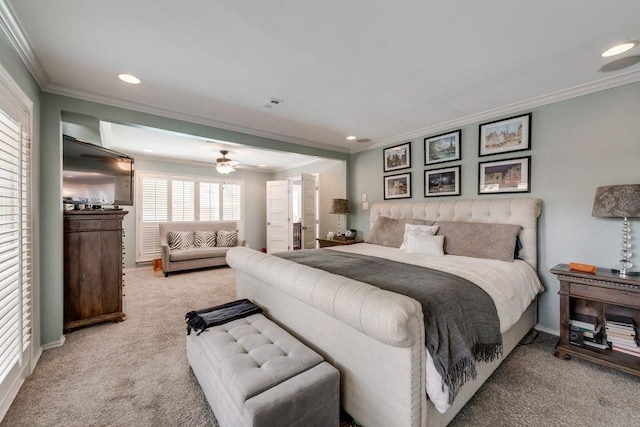 9178 Glen Springs Dr, Dallas, TX 75243 - bedroom with light carpet, ornamental molding, baseboards, and recessed lighting