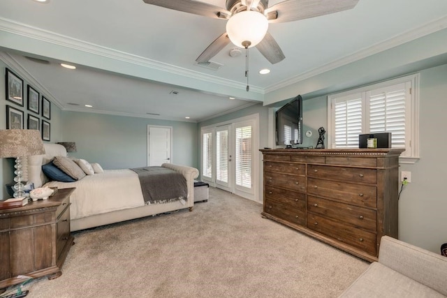 9178 Glen Springs Dr, Dallas, TX 75243 - bedroom with carpet, recessed lighting, crown molding, a ceiling fan, and access to exterior