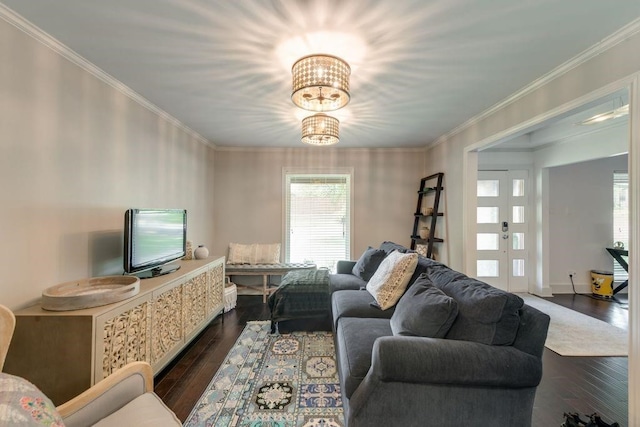 9178 Glen Springs Dr, Dallas, TX 75243 - living room featuring dark wood-style flooring, plenty of natural light, french doors, ornamental molding, and a chandelier