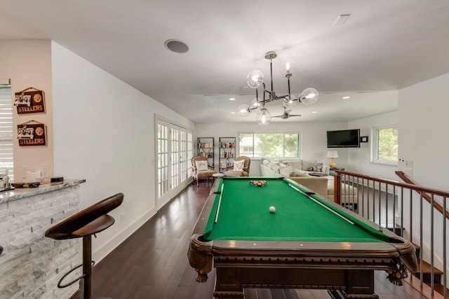 9178 Glen Springs Dr, Dallas, TX 75243 - recreation room featuring plenty of natural light, recessed lighting, billiards, dark wood-style flooring, and a chandelier