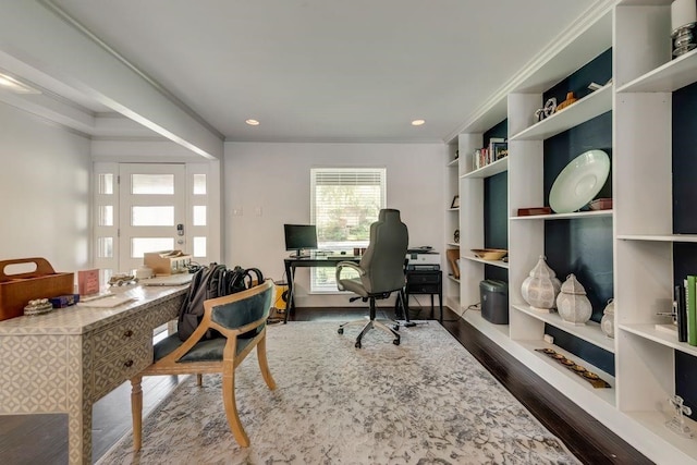 9178 Glen Springs Dr, Dallas, TX 75243 - home office with dark wood-style flooring, ornamental molding, built in features, and recessed lighting