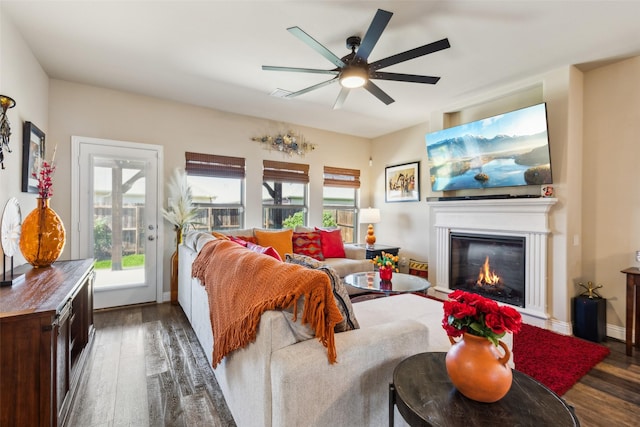 619 Comal Dr, Crandall, TX 75114 - living area featuring wood finished floors, a glass covered fireplace, and a ceiling fan