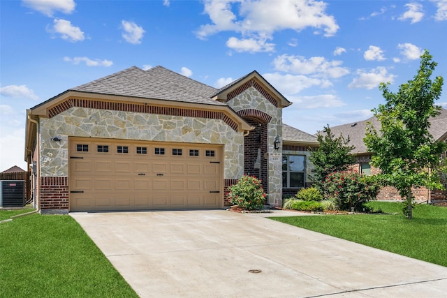 619 Comal Dr, Crandall, TX 75114 - french country style house featuring stone siding, a front yard, a garage, and central AC