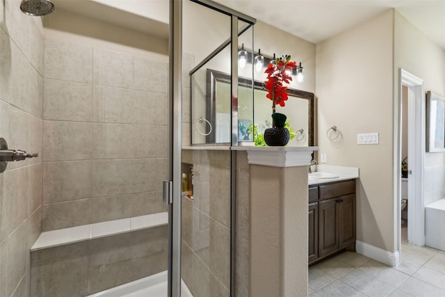 619 Comal Dr, Crandall, TX 75114 - bathroom featuring a shower stall, vanity, toilet, and tile patterned floors