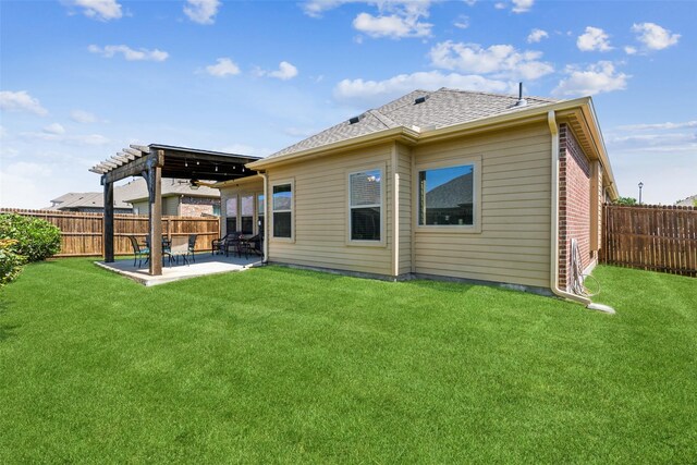 619 Comal Dr, Crandall, TX 75114 - back of property with ceiling fan, a patio, a pergola, and a shingled roof