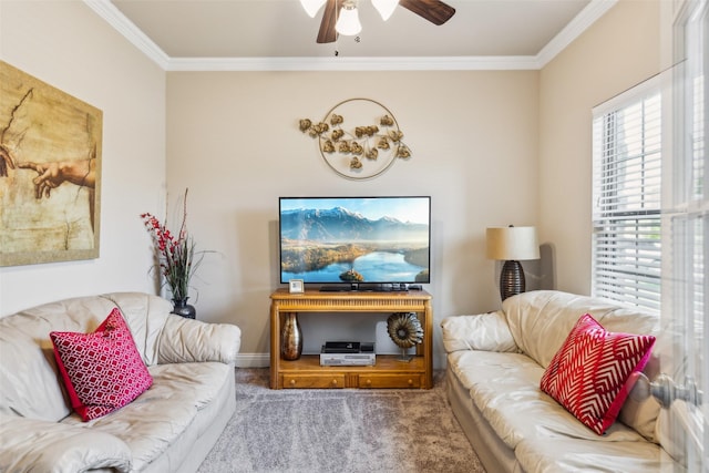 619 Comal Dr, Crandall, TX 75114 - carpeted living room featuring ceiling fan, crown molding, and baseboards