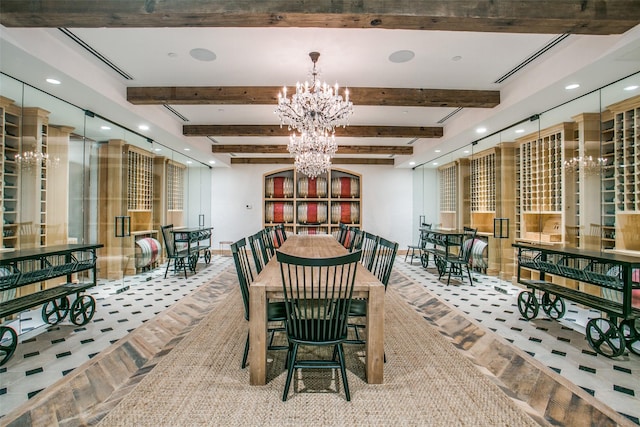 3130 N Harwood St Unit 903, Dallas, TX 75201 - carpeted dining space featuring a chandelier, recessed lighting, beam ceiling, and baseboards