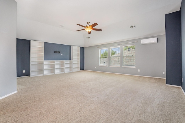 9305 Manassas Rdg, Mckinney, TX 75071 - unfurnished room featuring a wall mounted AC, a ceiling fan, carpet floors, baseboards, and vaulted ceiling