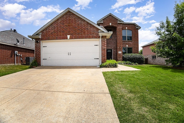 9305 Manassas Rdg, Mckinney, TX 75071 - traditional-style home featuring brick siding, driveway, a front yard, a garage, and central air condition unit