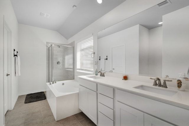 2346 Neff Ln, Forney, TX 75126 - full bathroom with vaulted ceiling, a tile shower, a bathtub, tile patterned floors, and double vanity