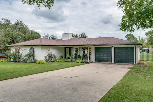 203 Oak Valley Dr, Colleyville, TX 76034 - ranch-style house with an attached garage, a porch, driveway, a chimney, and brick siding