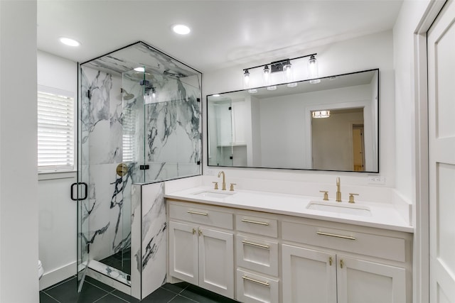 203 Oak Valley Dr, Colleyville, TX 76034 - full bath featuring a marble finish shower, tile patterned flooring, double vanity, and recessed lighting