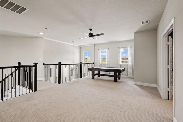 3204 Creek Meadow Dr, Anna, TX 75409 - rec room with carpet, a ceiling fan, baseboards, and a textured ceiling