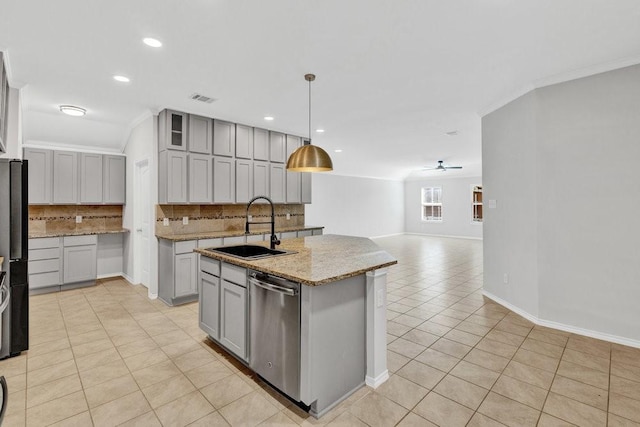 1302 Copper St, Princeton, TX 75407 - kitchen with a sink, dishwasher, tasteful backsplash, gray cabinets, and crown molding
