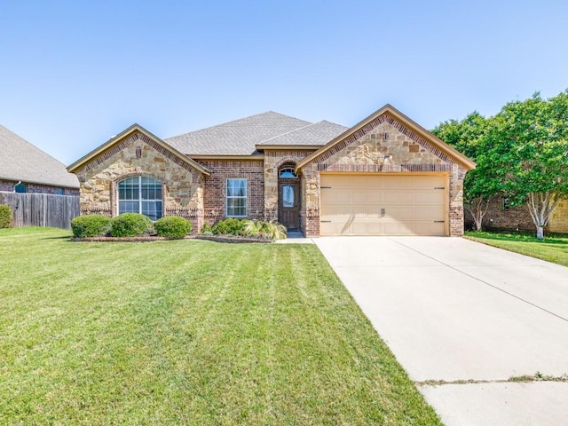 2103 Ridgewood Dr, Bridgeport, TX 76426 - french country style house featuring an attached garage, concrete driveway, brick siding, a shingled roof, and stone siding