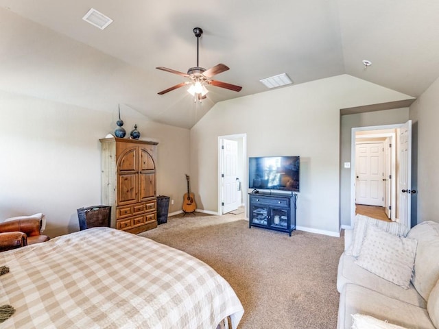 2103 Ridgewood Dr, Bridgeport, TX 76426 - bedroom featuring lofted ceiling, light colored carpet, baseboards, and ceiling fan
