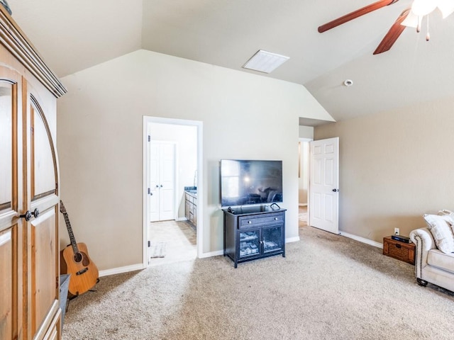 2103 Ridgewood Dr, Bridgeport, TX 76426 - living room with lofted ceiling, a ceiling fan, light colored carpet, and baseboards