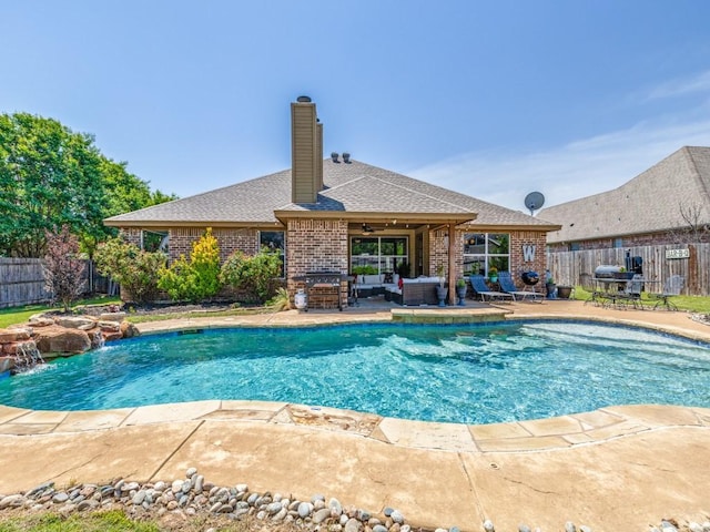 2103 Ridgewood Dr, Bridgeport, TX 76426 - view of pool with a fenced backyard, a patio, an outdoor living space, and ceiling fan