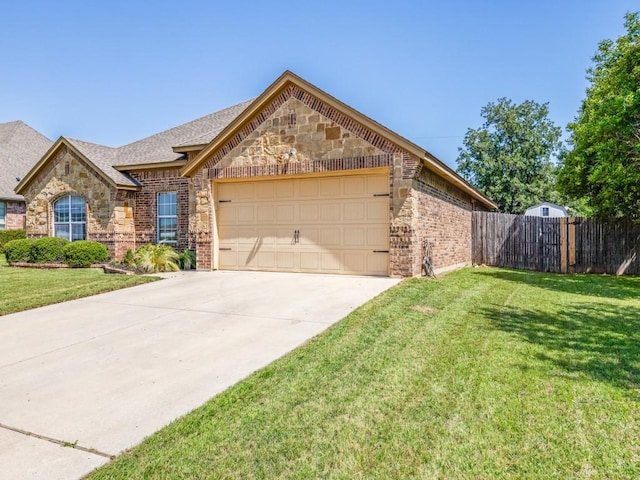 2103 Ridgewood Dr, Bridgeport, TX 76426 - view of front of property featuring brick siding, a garage, driveway, and stone siding