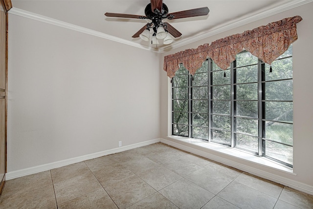 6109 Rayburn Ct, Fort Worth, TX 76133 - spare room with crown molding, baseboards, light tile patterned flooring, and a ceiling fan