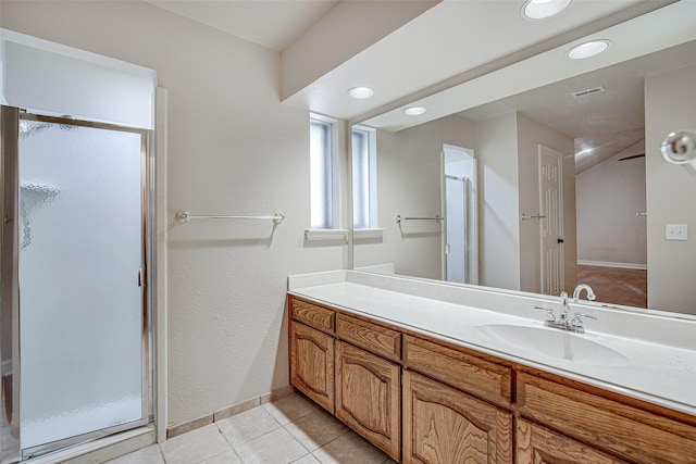 6109 Rayburn Ct, Fort Worth, TX 76133 - full bathroom with a stall shower, vanity, tile patterned flooring, recessed lighting, and baseboards