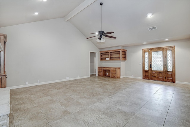 6109 Rayburn Ct, Fort Worth, TX 76133 - unfurnished living room featuring a ceiling fan, beamed ceiling, recessed lighting, high vaulted ceiling, and baseboards